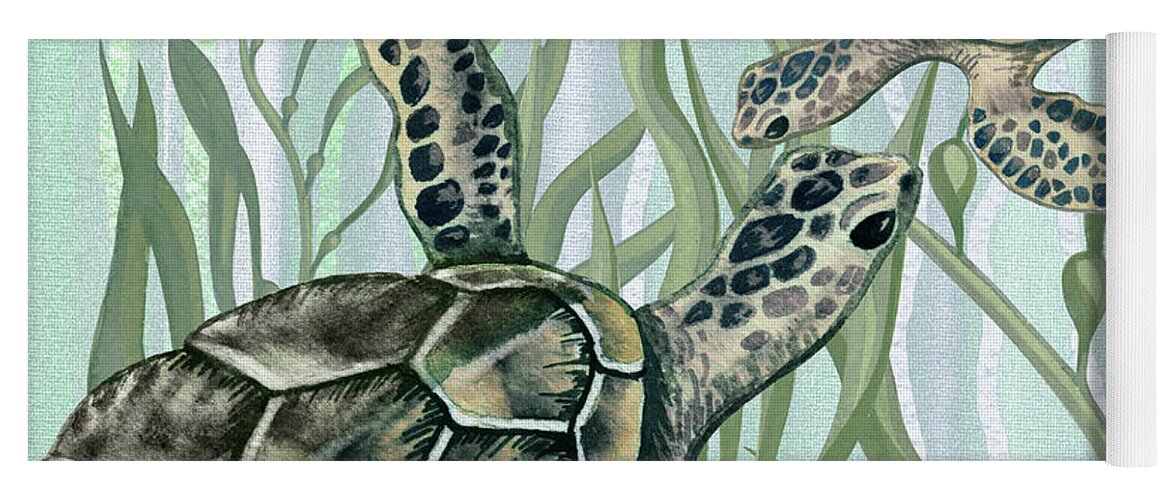 Art For Beach House Decor Ocean Seaweed Giant Turtle Swimming Yoga Mat featuring the painting Giant Turtles Swimming In The Seaweed Under The Ocean Watercolor Painting IV by Irina Sztukowski
