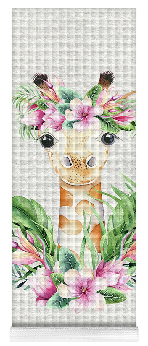 Giraffe Yoga Mat featuring the painting Giraffe With Flowers by Nursery Art