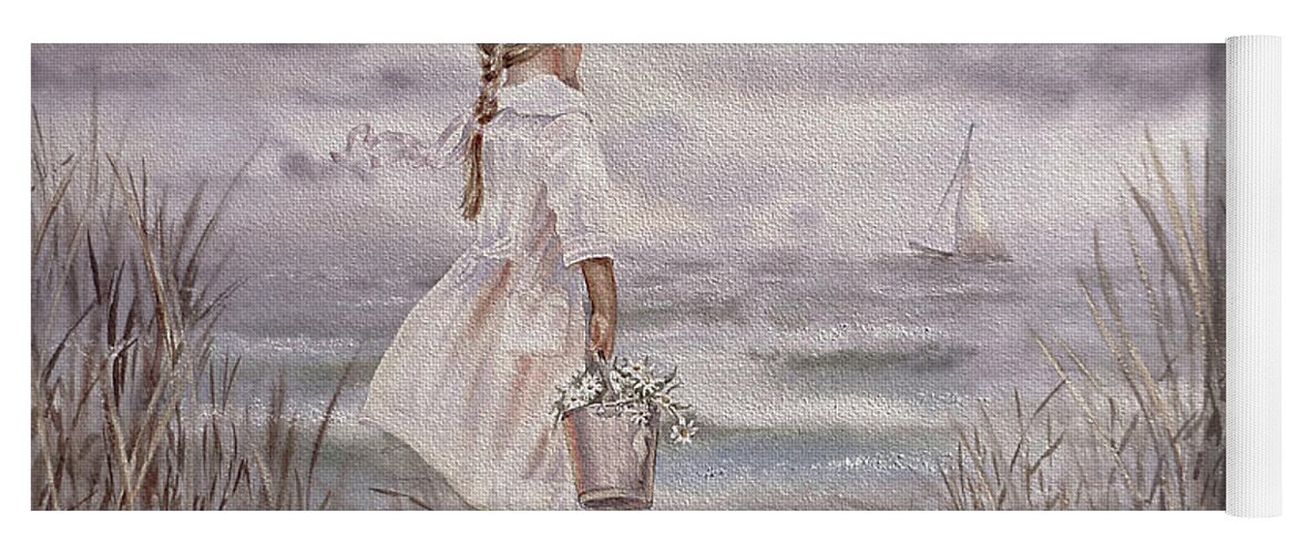Ocean Girl Yoga Mat featuring the painting Girl And The Ocean Vintage Monochrome by Irina Sztukowski