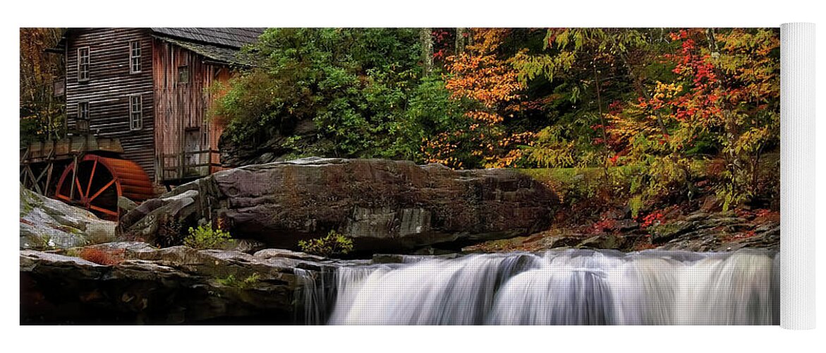 Waterfall Yoga Mat featuring the photograph Glade Creek grist mill - Photo by Flees Photos