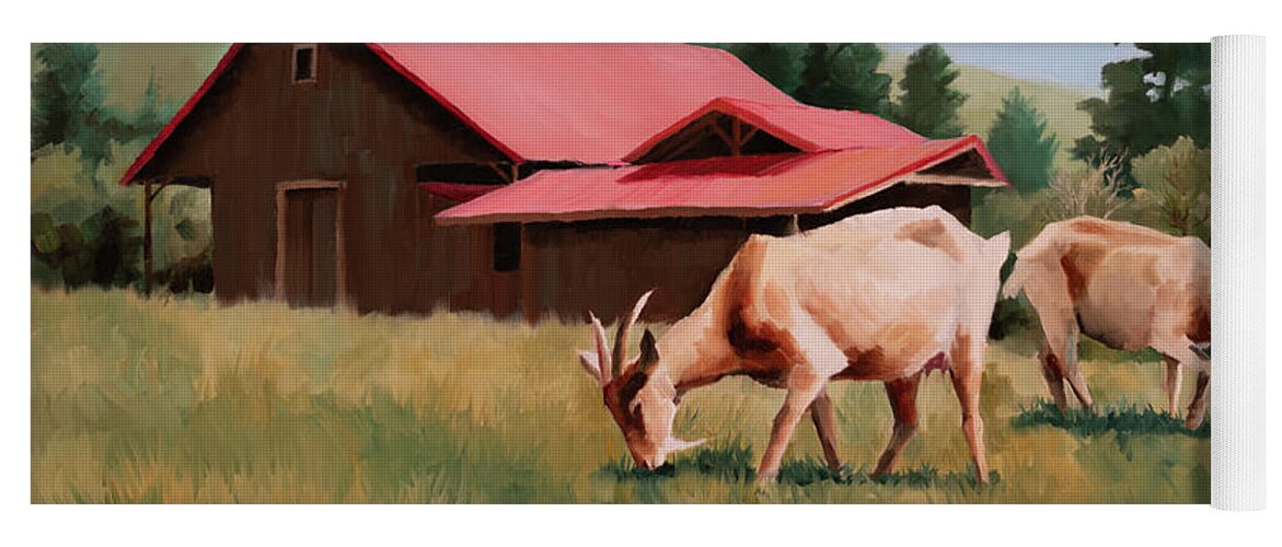 Goats Yoga Mat featuring the painting Goats Grazing by Barn by Jordan Henderson