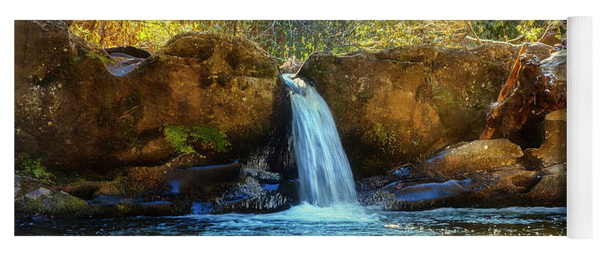 Cherohala Yoga Mat featuring the photograph Golden Light at the Falls Landscape by Debra and Dave Vanderlaan