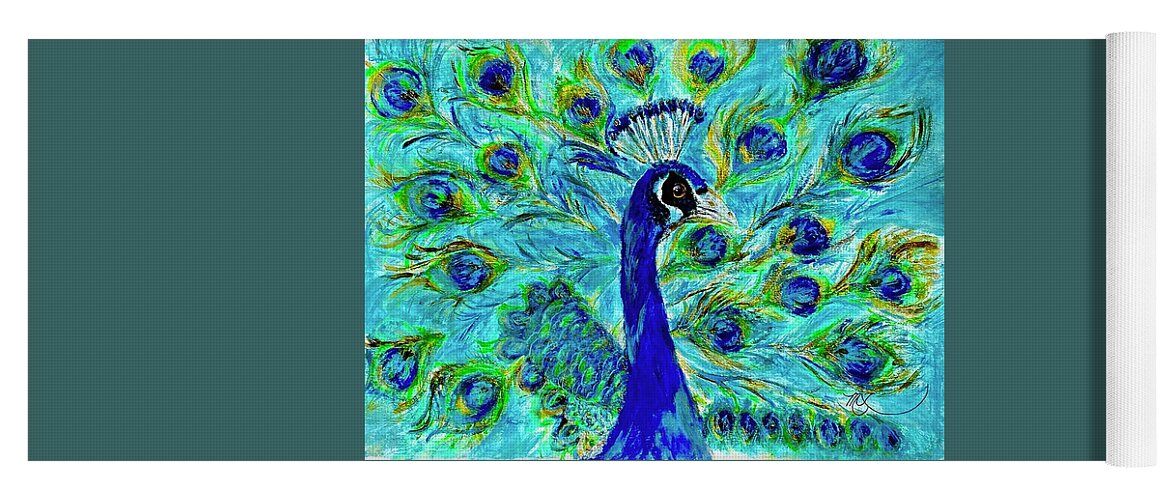 Peacock Yoga Mat featuring the painting Bird of Gold and Blue Plumage by Melody Fowler