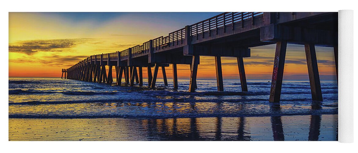 Jacksonville Beach Yoga Mat featuring the photograph Golden Sunrise Reflection at the Jacksonville Beach Pier by Kim Seng