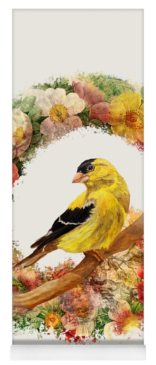 American Goldfinch Yoga Mat featuring the painting Goldfinch In Flowers Garland by Angeles M Pomata