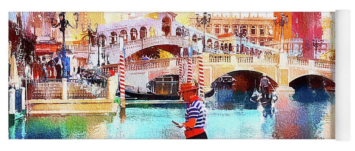 Venice Las Vegas Yoga Mat featuring the mixed media Gondola rides at the Venetian Las Vegas by Tatiana Travelways