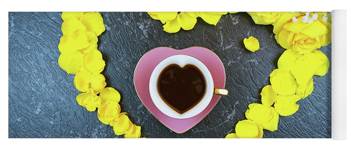 Yellow Yoga Mat featuring the photograph Good morning concept with coffee cup in heart shaped fresh yellow roses. by Milleflore Images