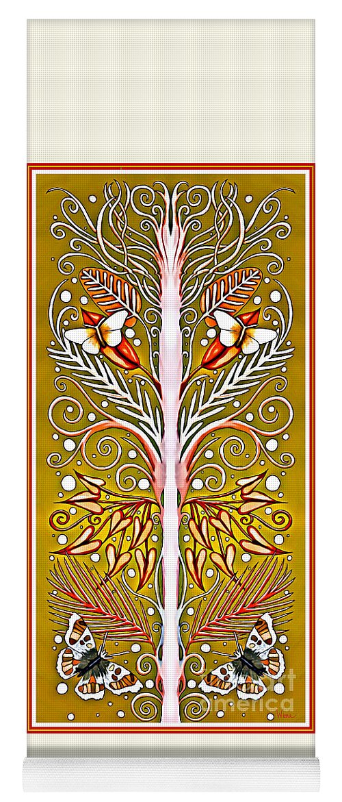 Espalier Yoga Mat featuring the tapestry - textile Grafted Espalier Plant in Gold, White, Red and Pink by Lise Winne