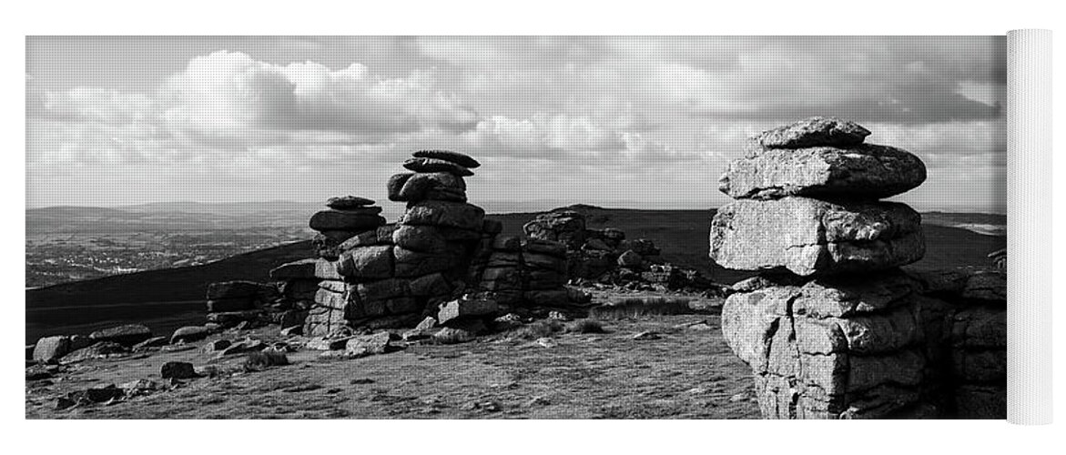 Devon Yoga Mat featuring the photograph Great Staple Tor Dartmoor National Park England Panorama Black And White by Sonny Ryse