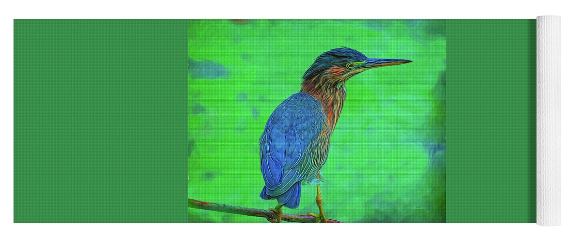 Green Heron Yoga Mat featuring the digital art Green Heron on Branch by Dennis Lundell