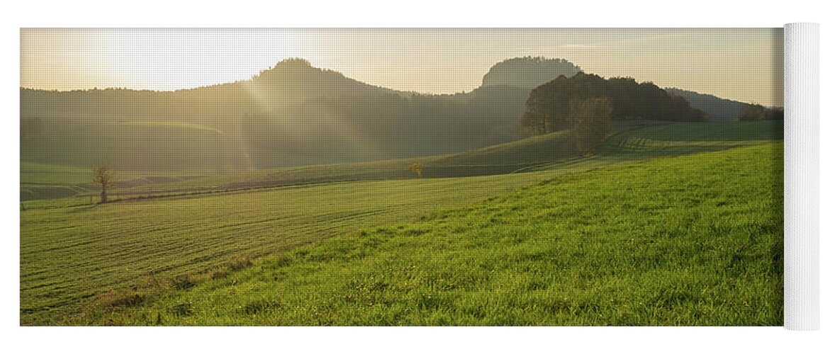 Sunlight Yoga Mat featuring the photograph Green meadow and golden light 1 by Adriana Mueller