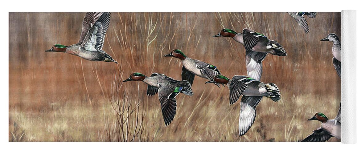 Duck Yoga Mat featuring the painting Green-Winged Getaway by Glenn Pollard