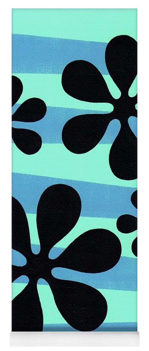 70s Yoga Mat featuring the painting Groovy Flowers on Blue and Light Aqua by Donna Mibus