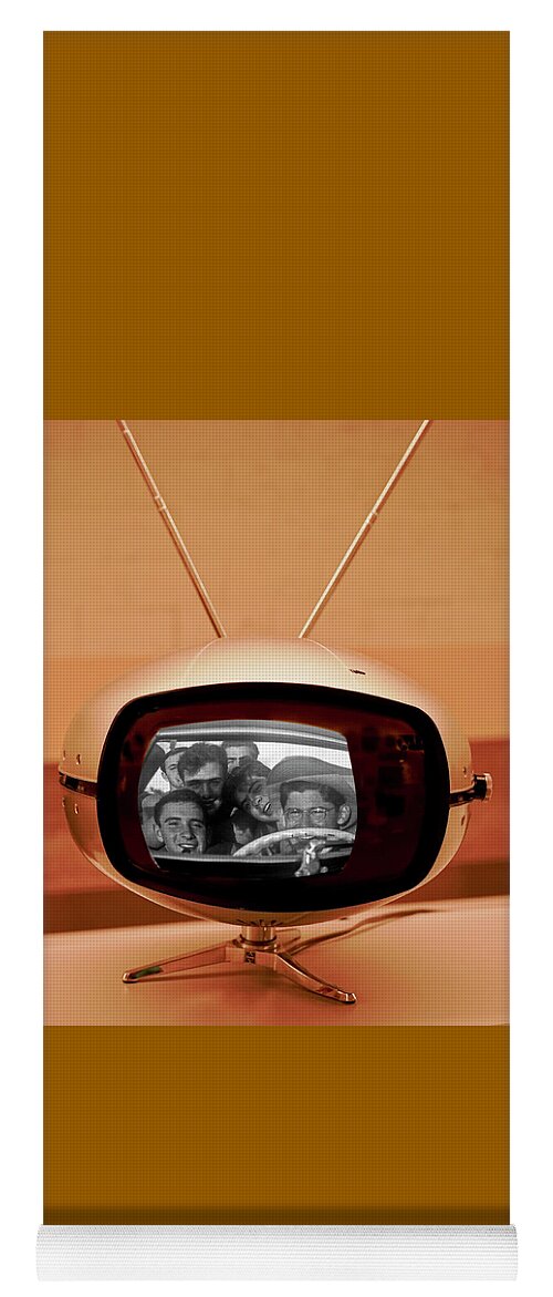 50s Yoga Mat featuring the digital art Guys Driving 50s Television by Matthew Bamberg