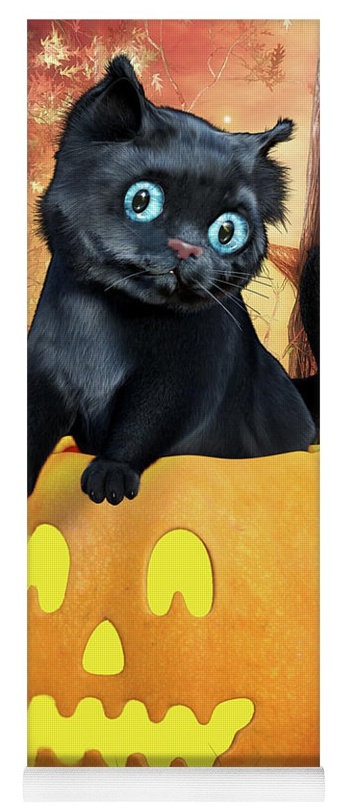Black Cat Yoga Mat featuring the digital art Halloween Black Kitten and Pumpkin by Alicia Hollinger