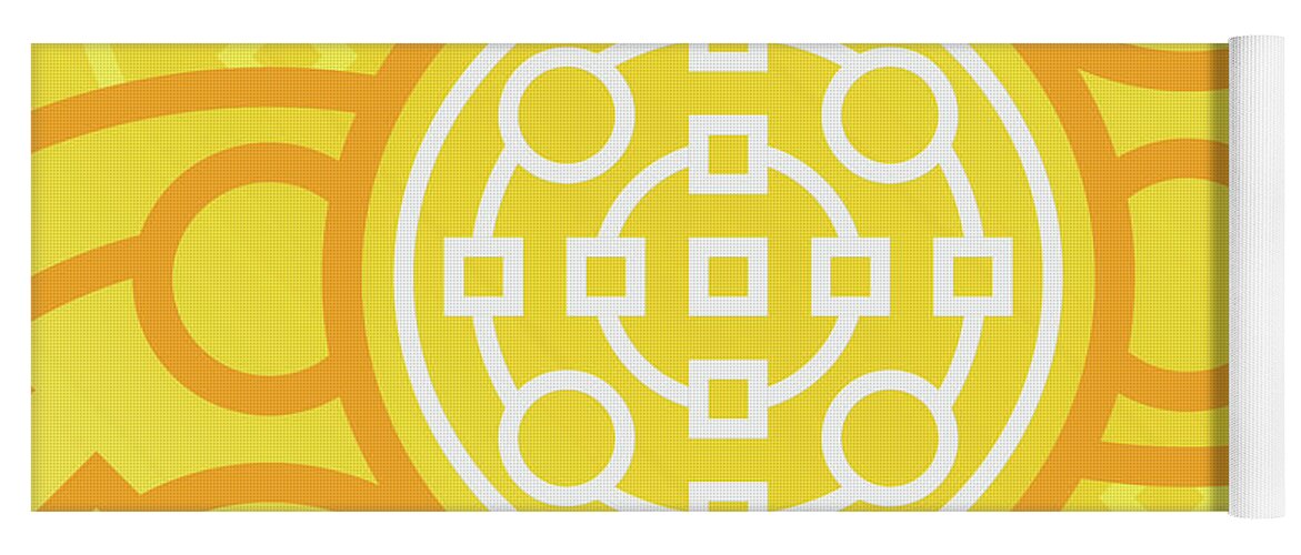 Abstract Yoga Mat featuring the mixed media Happy Citrus Geometric Glyph Art in Yellow Orange and White n.0288 by Holy Rock Design