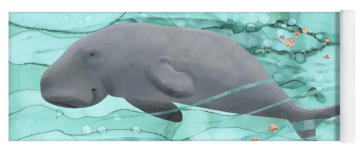 Happy Manatee Yoga Mat featuring the digital art Happy Dugong Swimming in Coral Reef Waters by Andreea Dumez