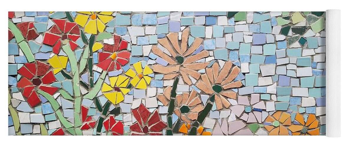 Mosaic Yoga Mat featuring the mixed media Happy Flowers Mosaic by Lou Ann Bagnall