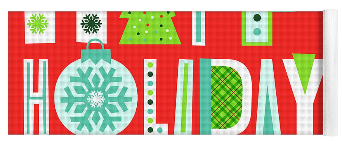 Red Yoga Mat featuring the painting Happy Holidays Typographic Greeting Card Art by Jen Montgomery by Jen Montgomery