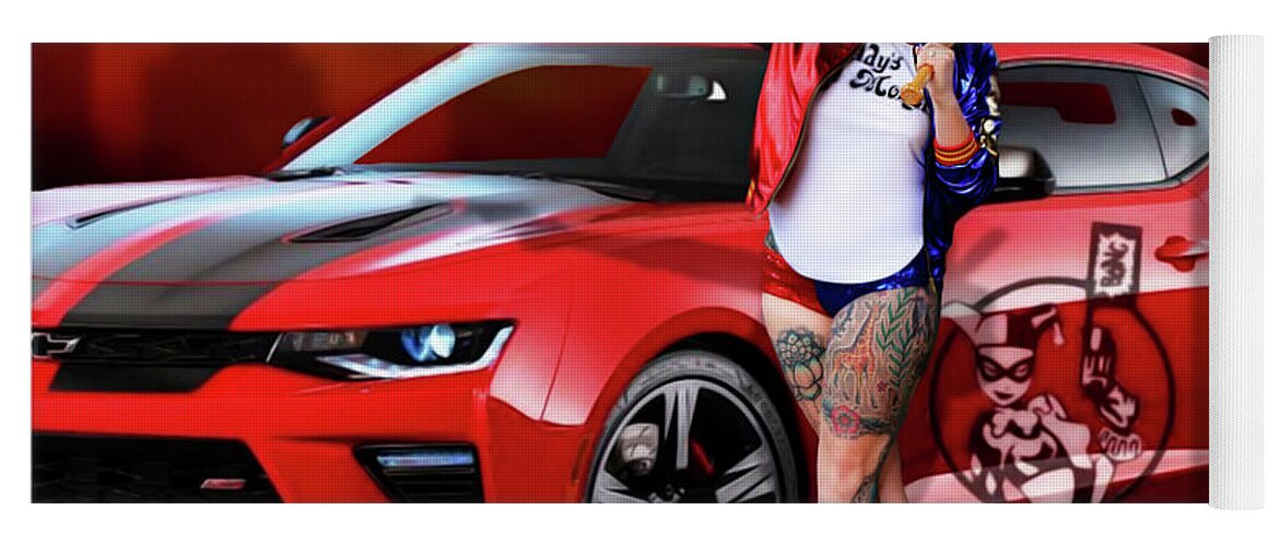 Harley Yoga Mat featuring the photograph Harley Quinn Pistols and Car by Jon Volden