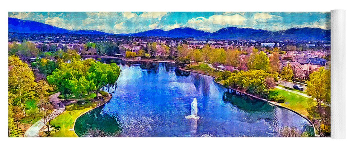 Harveston Lake Yoga Mat featuring the digital art Harveston Lake and Temecula, California - digital painting by Nicko Prints