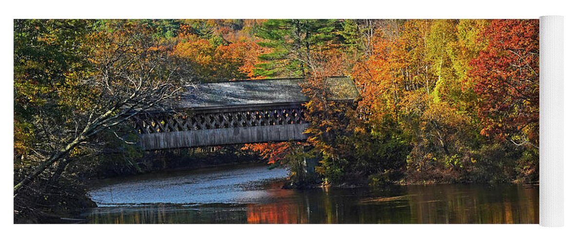 Henniker Yoga Mat featuring the photograph Henniker Covered Bridge in Fall Foliage Contoocook River Henniker NH by Toby McGuire