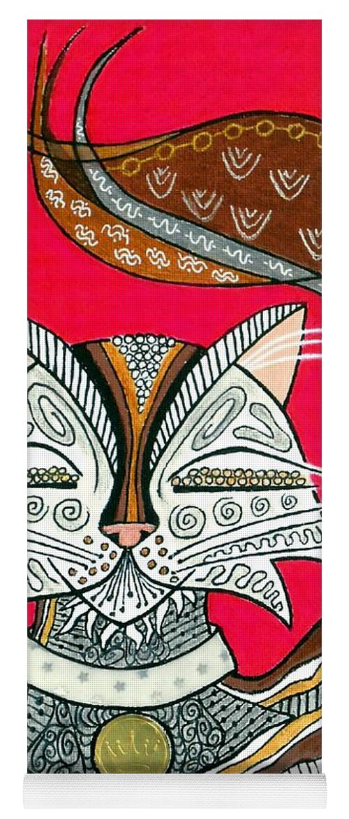 Abstract Cat Yoga Mat featuring the mixed media Her Majesty Guards the Food Bowl by Jayne Somogy