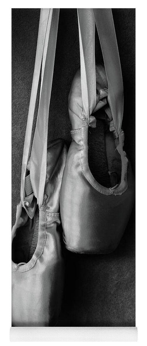 Dance Yoga Mat featuring the photograph Her Pointe Shoes bw by Laura Fasulo