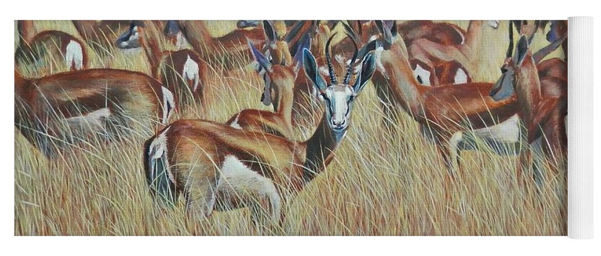 Springbok Yoga Mat featuring the painting Herd of Springbok by John Neeve