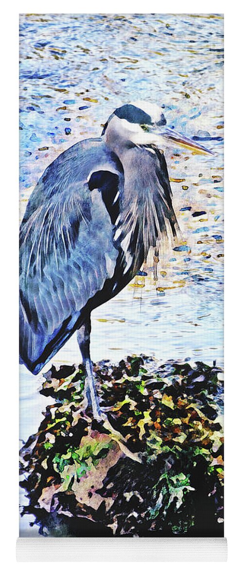 Herons Yoga Mat featuring the photograph Heron Fishing at Low Tide Watercolor by Peggy Collins