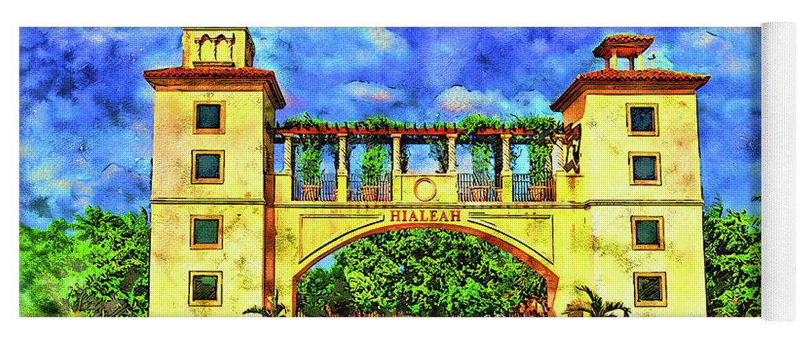 Hialeah Fountain Yoga Mat featuring the digital art Hialeah Fountain and Entrance Plaza Park - pen and watercolor by Nicko Prints