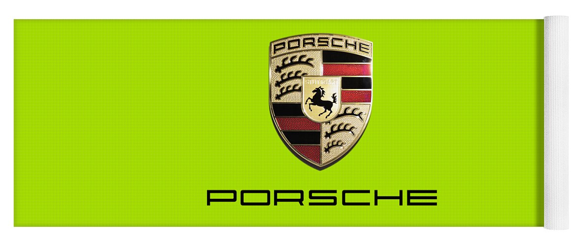 Porsche Shield Yoga Mat featuring the photograph High Res Quality Porsche Emblem - Logo Isolated on Colorful Background by Stefano Senise Fineart