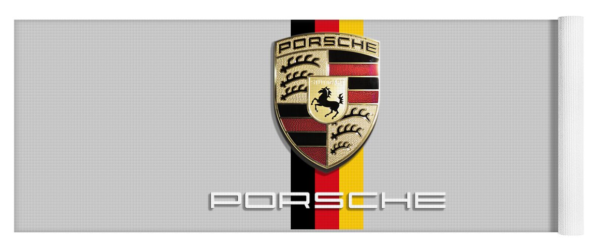 Porsche Logo Yoga Mat featuring the photograph High Res Quality Porsche Logo - Hood Emblem German Flag by Stefano Senise