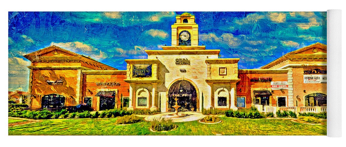 Historical Building Yoga Mat featuring the digital art Historical building with clock tower on the Fourth Street in Rancho Cucamonga by Nicko Prints