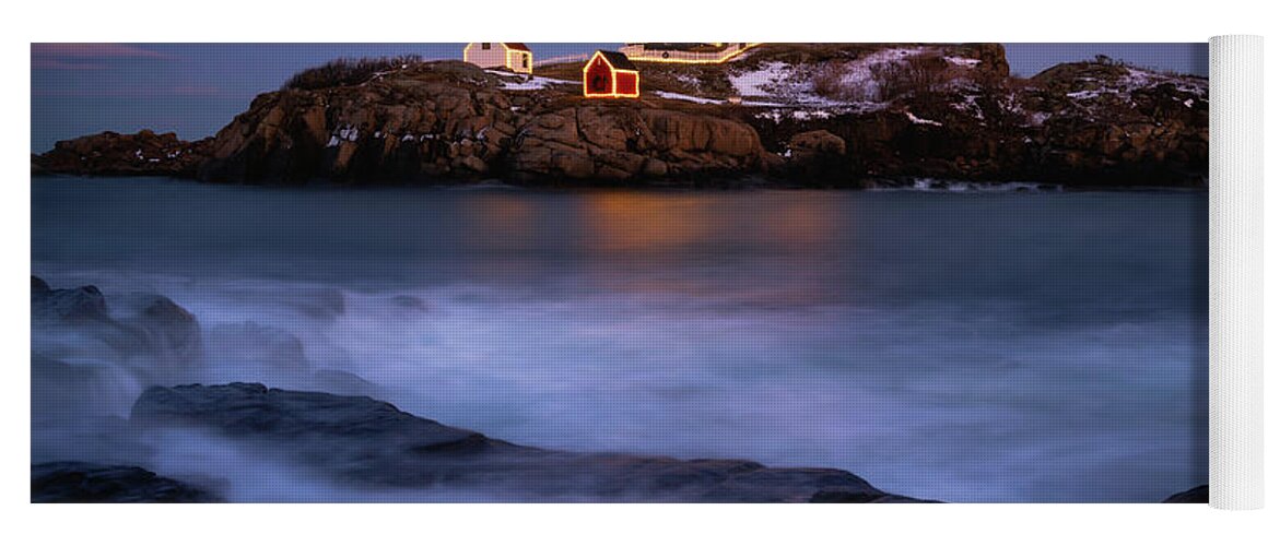 Nubble Lighthouse Yoga Mat featuring the photograph Holiday Lights,Nubble Lighthouse by Michael Hubley
