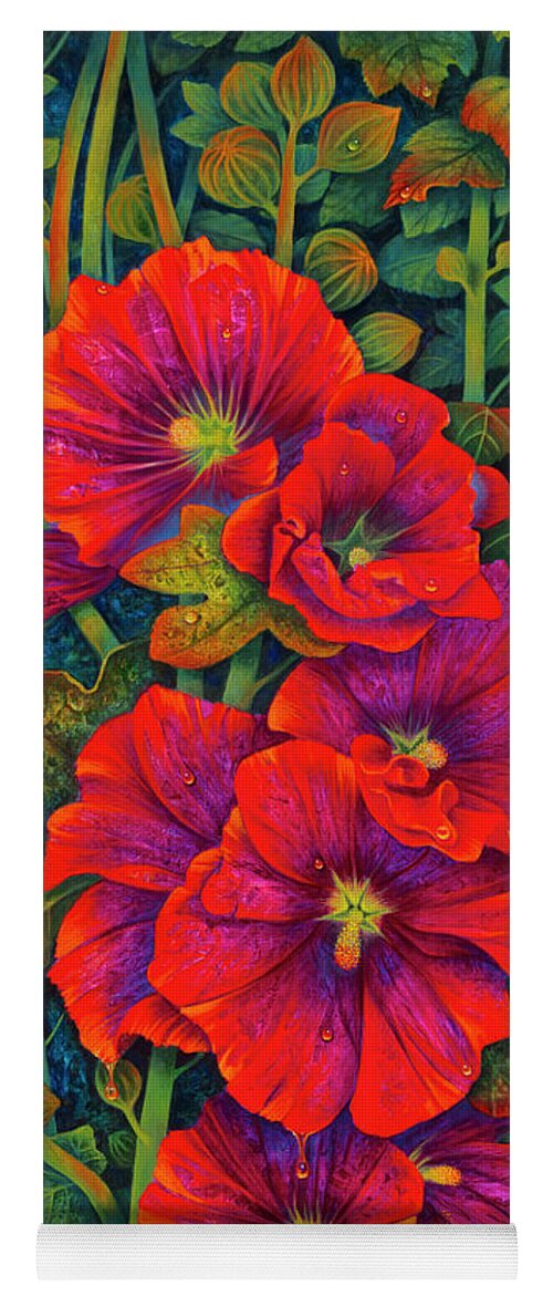 Flowers Yoga Mat featuring the painting Hollyhocks - 3D by Ricardo Chavez-Mendez