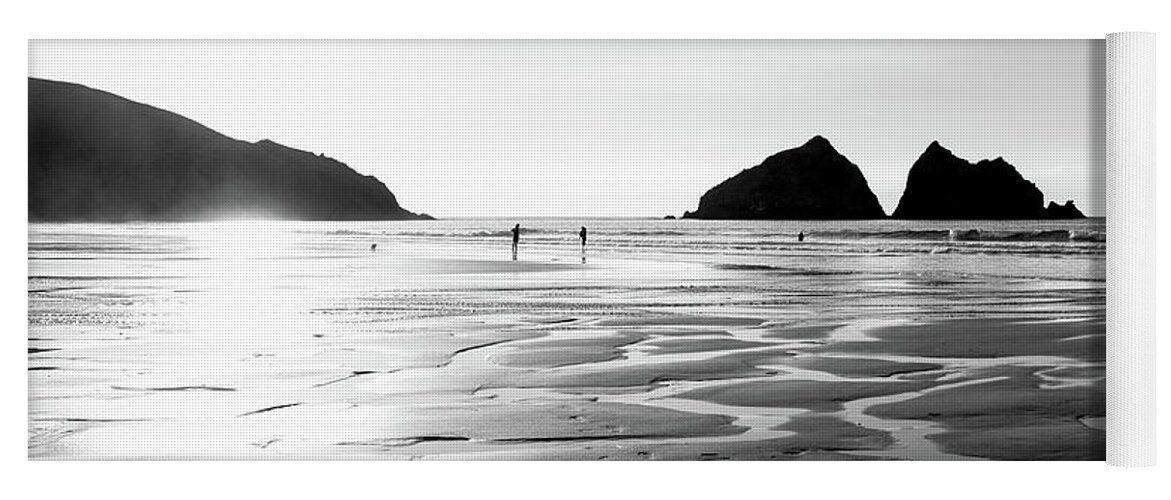 Cornwall Yoga Mat featuring the photograph Holywell Beach and Gull Rock Cornwall Coast black and white 2 by Sonny Ryse