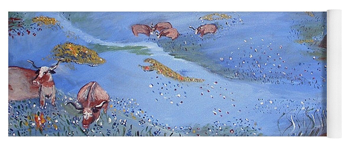 Landscape Yoga Mat featuring the painting Horns in Bluebonnets by Genevieve Holland