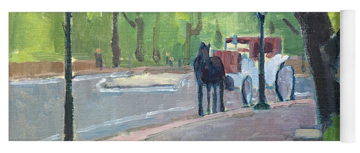 Horse Carriage Yoga Mat featuring the painting Horse Carriage in Central Park - New York City by Paul Strahm