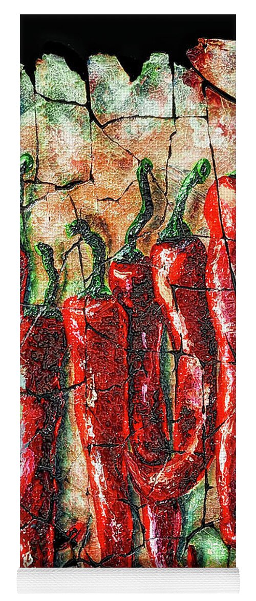  Fresco Yoga Mat featuring the painting Hot Peppers fresco with Crackled Background by Lena Owens - OLena Art Vibrant Palette Knife and Graphic Design