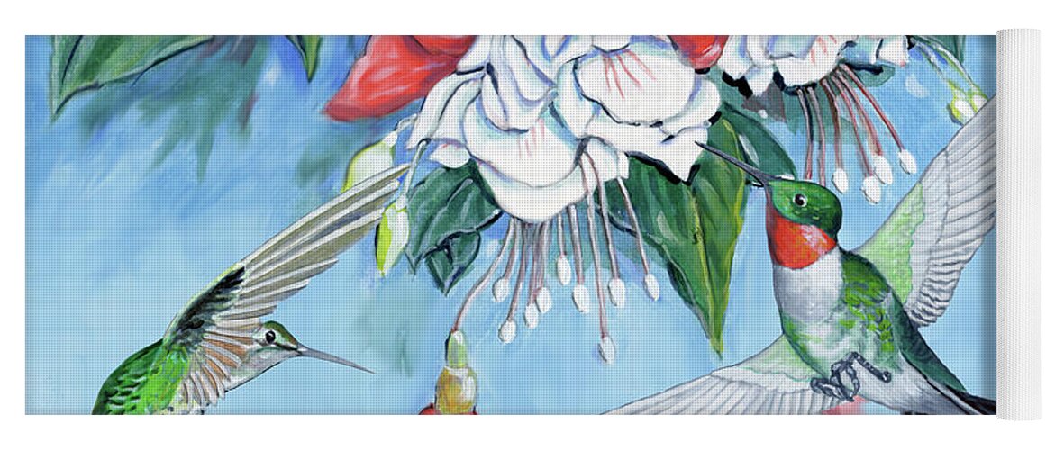 Hummingbird Yoga Mat featuring the painting Humming Birds and Fuchsias by Richard De Wolfe