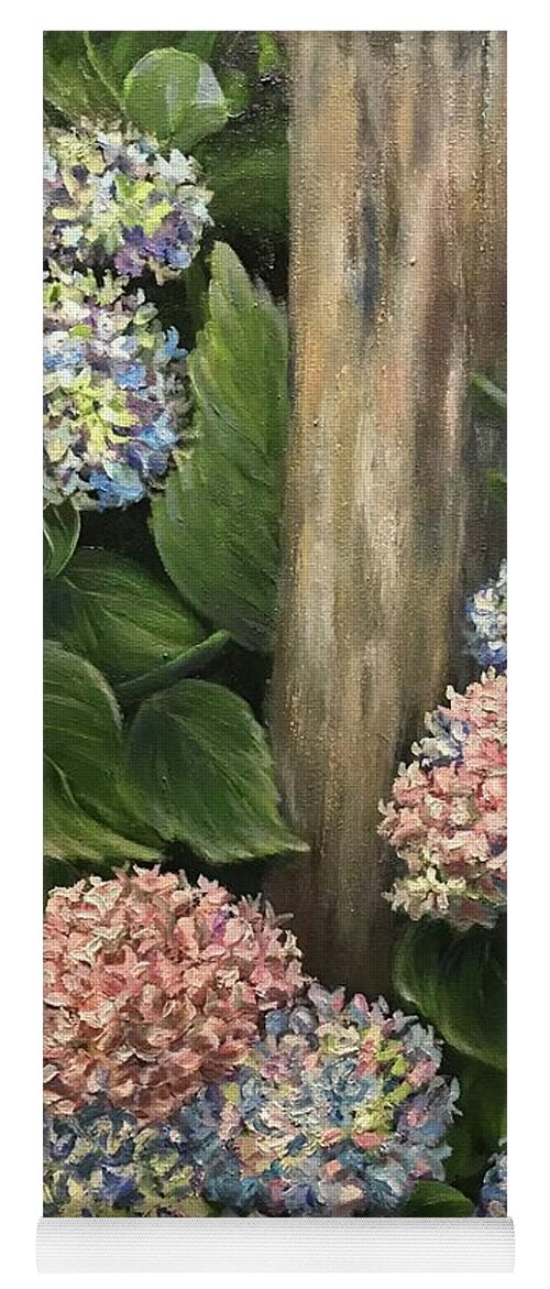Paintings Yoga Mat featuring the painting Hydrangeas and Post by Sherrell Rodgers