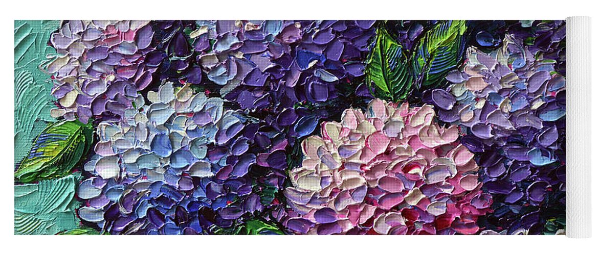 Hydrangeas Yoga Mat featuring the painting HYDRANGEAS FOR ELIZABETH commissioned palette knife oil painting by Mona Edulesco
