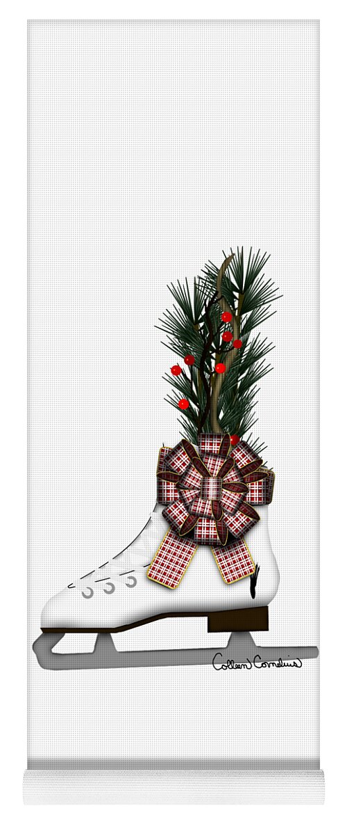 Ice Skate Yoga Mat featuring the digital art Ice Skate Christmas Decoration with Tartan Bow by Colleen Cornelius