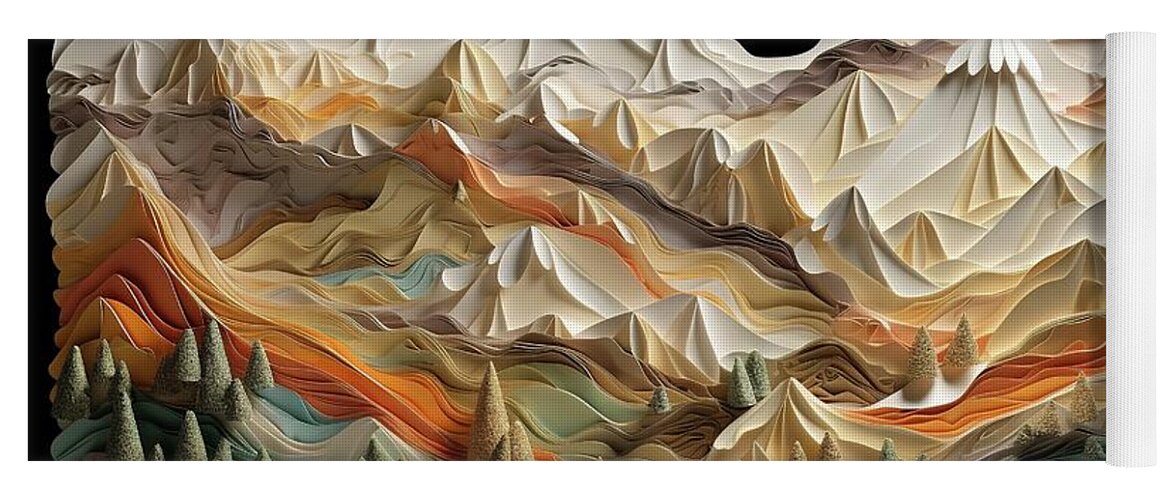 Landscape Yoga Mat featuring the photograph Illustration of a landscape created with folded materials, artistic artisan look, black background. by Joaquin Corbalan