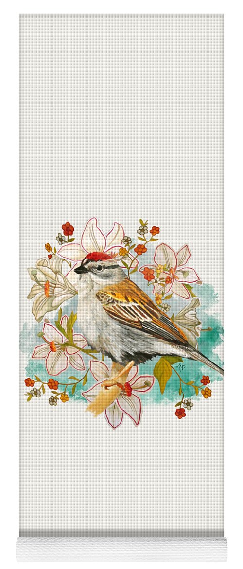 Sparrow Yoga Mat featuring the painting Chipping Sparrow And Flowers by Angeles M Pomata
