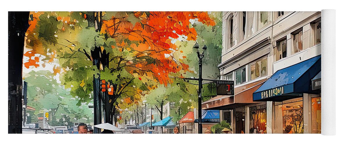 Hot Springs Arkansas Yoga Mat featuring the painting Impressionist Autumn Downtown by Lourry Legarde