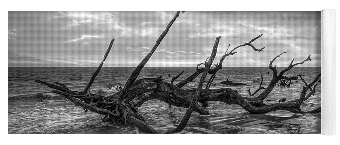 Clouds Yoga Mat featuring the photograph Incoming Waves Jekyll Island Dawn Black and White by Debra and Dave Vanderlaan