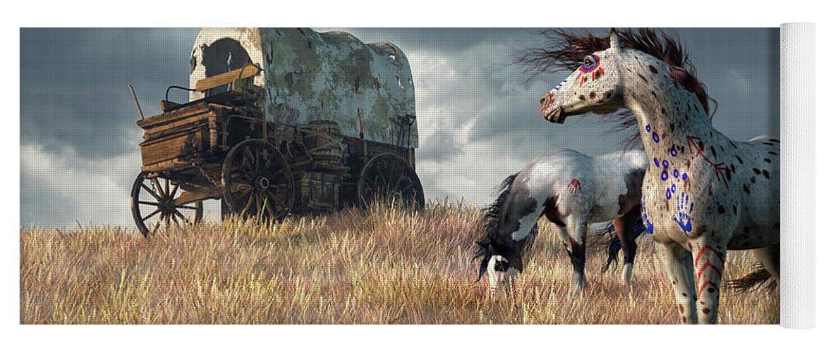 War Horse Yoga Mat featuring the digital art Indian Ponies and Abandoned Wagon by Daniel Eskridge