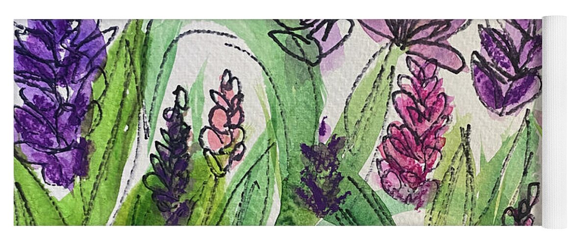 Purple Yoga Mat featuring the mixed media Ink and Wash Flowers by Lisa Neuman
